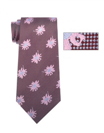 Mens Burgundy, Silver and Blue Pattern Skinny Necktie with Matching Pocket Square